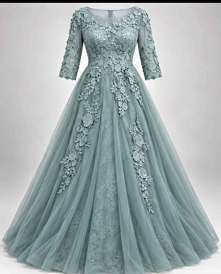Sage Green Lace Floral Applique Evening Gown