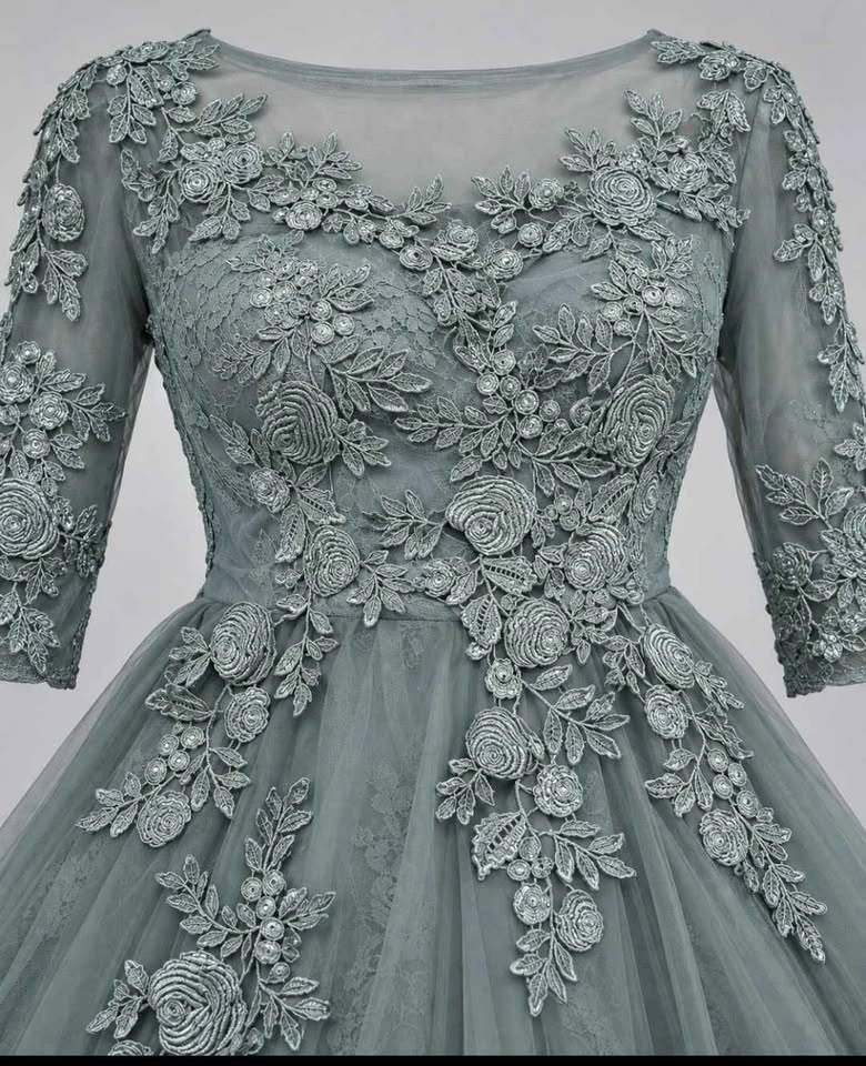 Sage Green Lace Floral Applique Evening Gown - photo 2