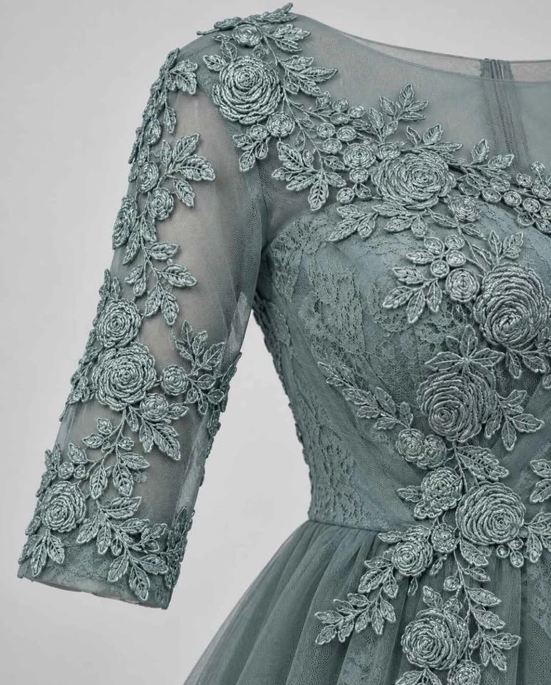 Sage Green Lace Floral Applique Evening Gown - photo 3