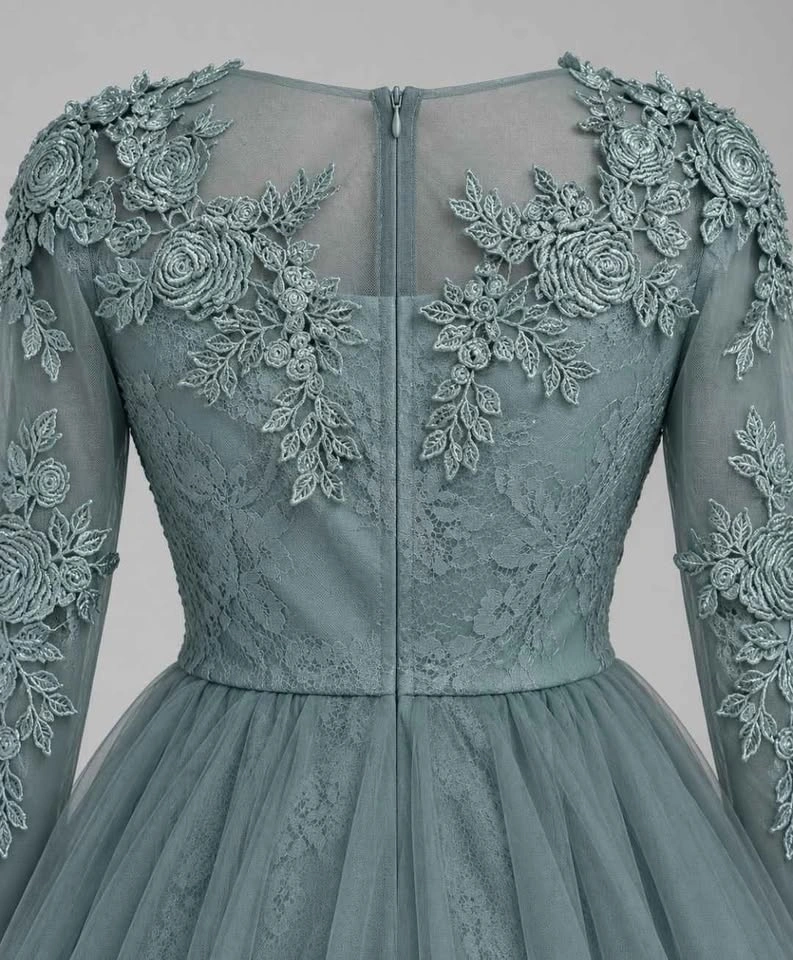 Sage Green Lace Floral Applique Evening Gown - photo 4