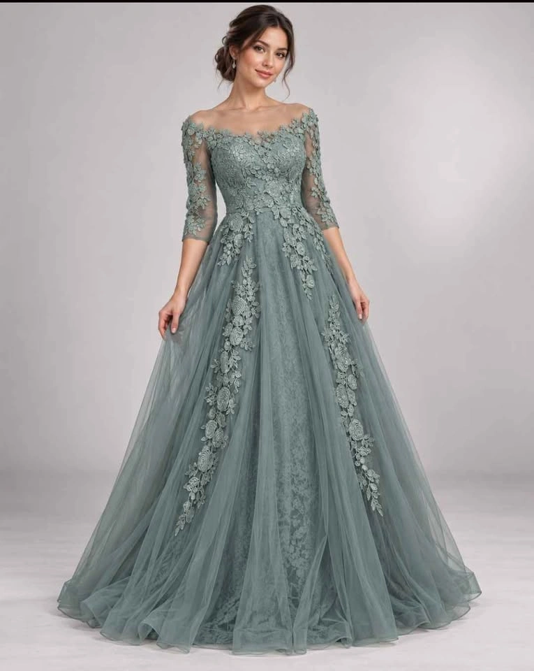 Sage Green Lace Floral Applique Evening Gown - photo 5