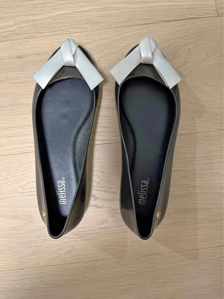Melissa Black Pointed-Toe Ballet Flats with White Bow