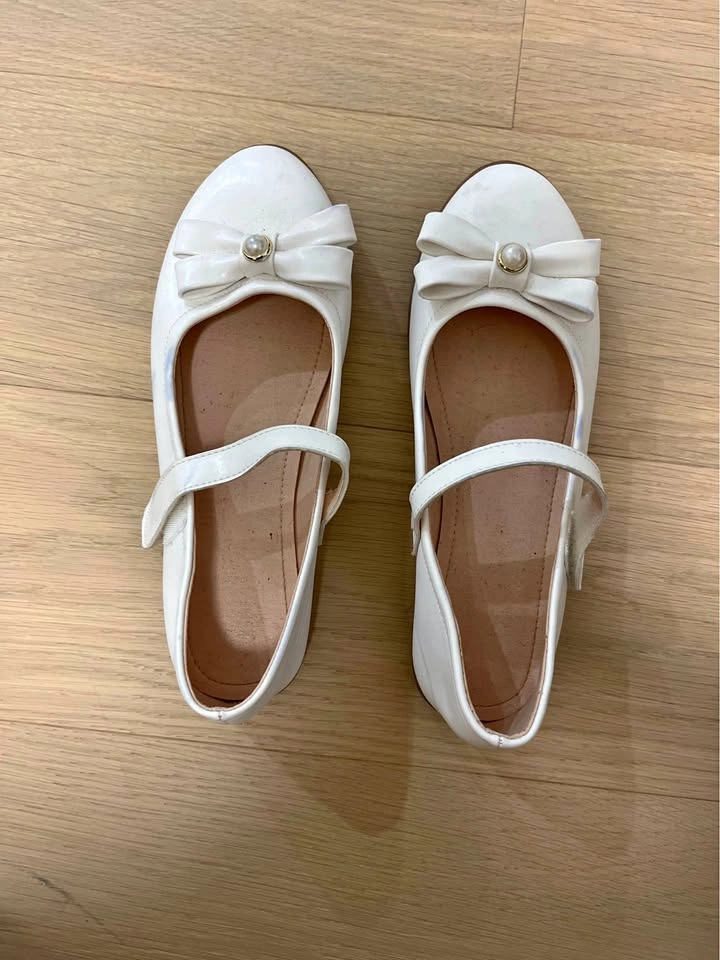 White Mary Jane Flats with Bow and Pearl Detail