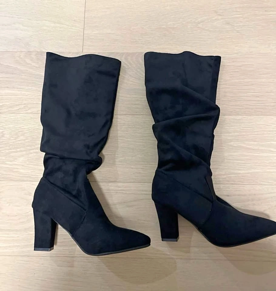 Black Faux Suede Slouchy Block Heel Knee-High Boots