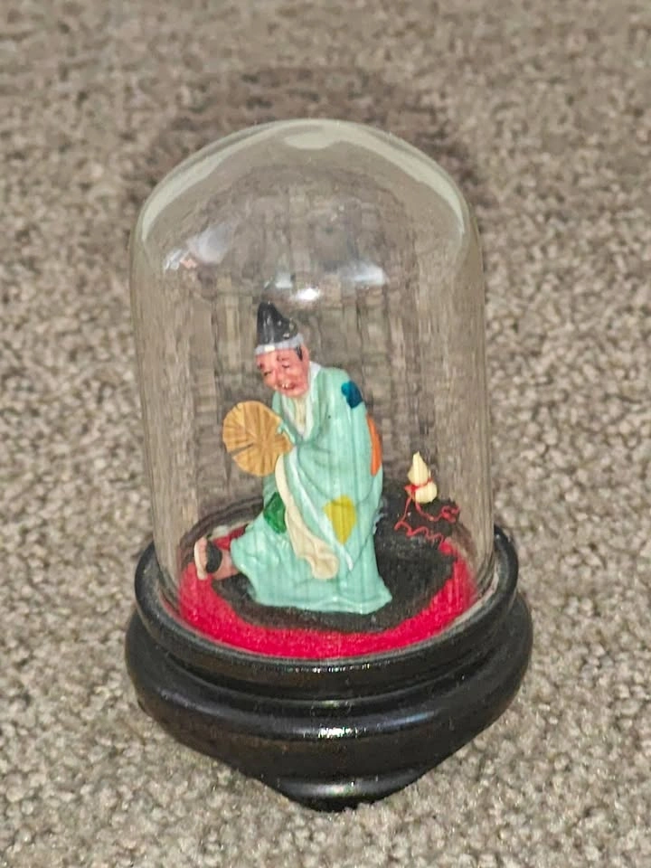 Vintage Chinese Mud Man Figurine – Ji Gong Monk with Glass Dome