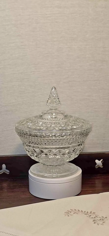 Vintage Diamond Point Glass Covered Candy Dish | Pedestal Compot