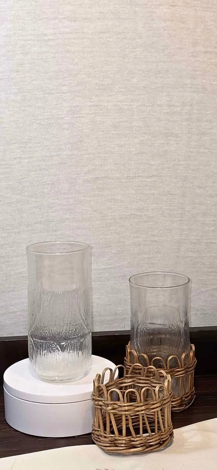 Set of 2 Vintage Style Glass Cylinders with Wicker Sleeves