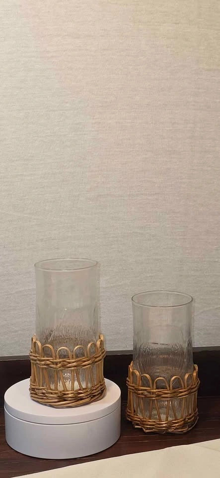 Set of 2 Vintage Style Glass Cylinders with Wicker Sleeves - photo 2