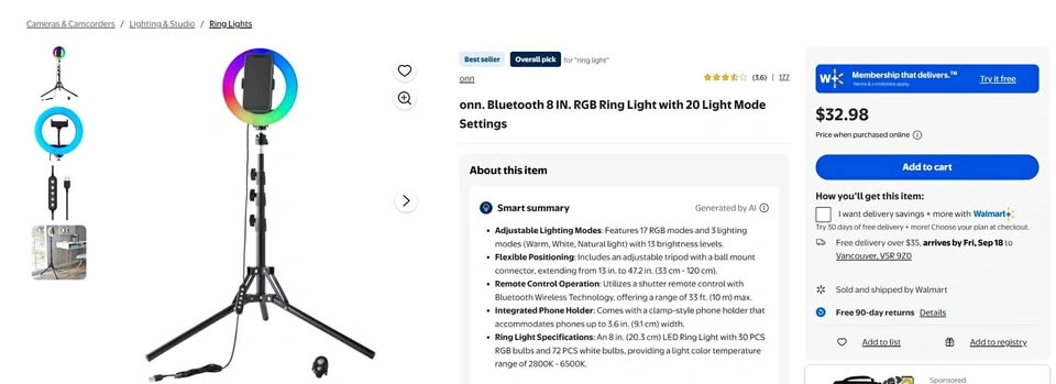 ONN 8" Ring Light on Tripod