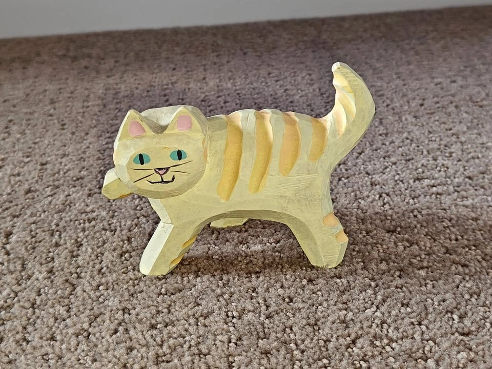 Hand Carved Wooden Cat Figurine Statue - Cat Decor Animal Art