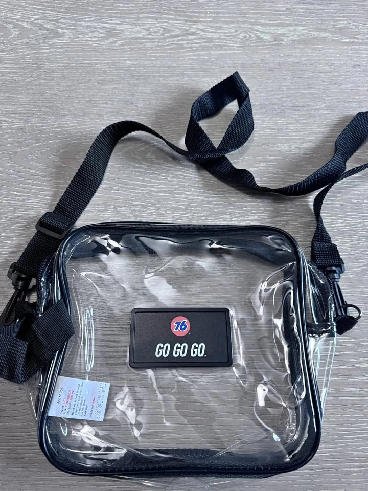 Clear black crossbody stadium bag with 76 Go Go Go patch