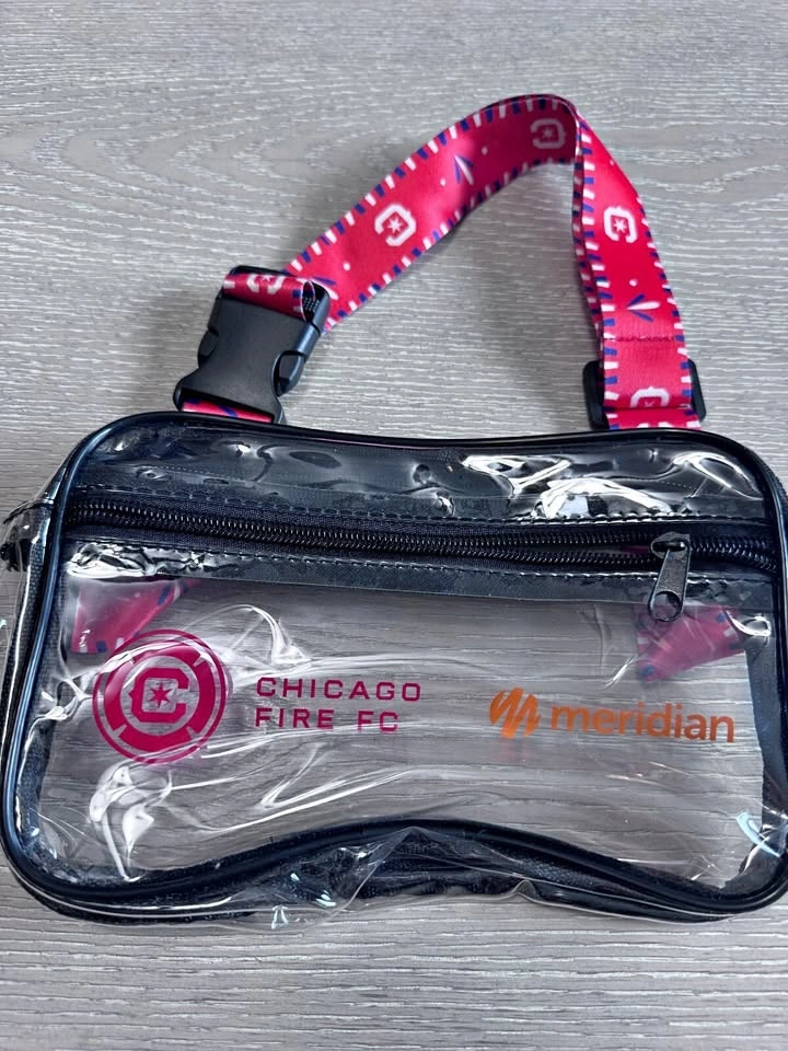 Clear black Chicago Fire FC crossbody bag with red strap
