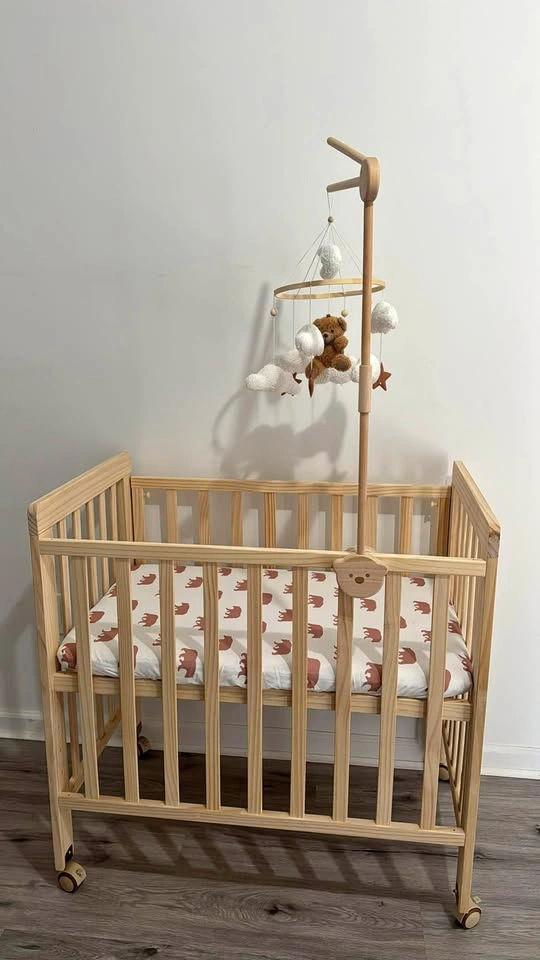 Adjustable Mini Baby Crib + Mattress, 4 Sheets & Bear Mobile