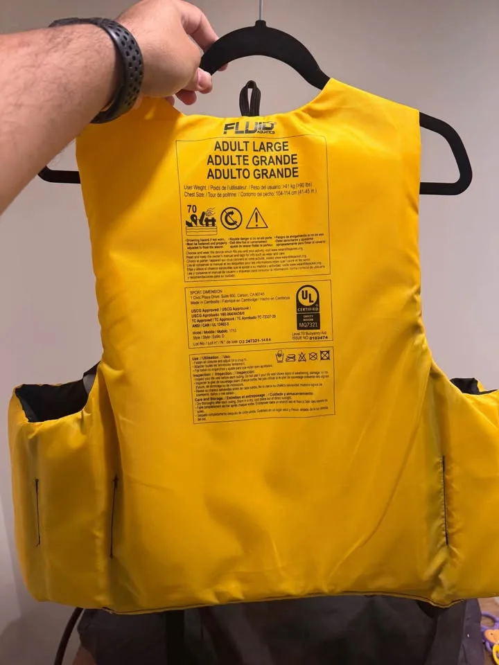 Fluid Aquatics Life Jacket – USCG Approved, Yellow/Black image indicator(2)