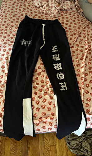 Men's Black/White Fleece Drawstring Sweatpants White Panels Logo
