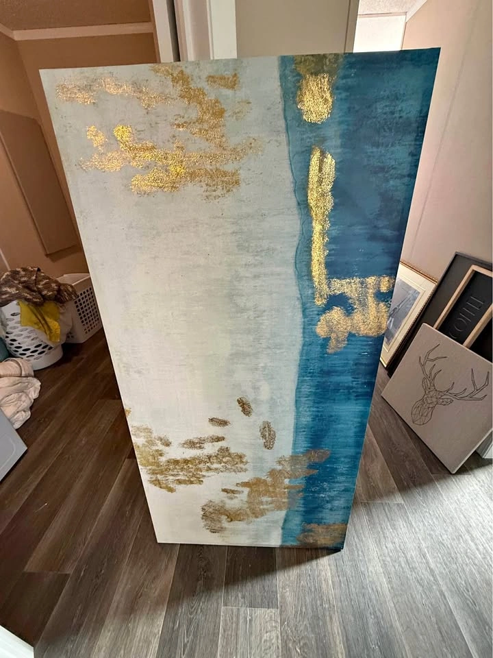 Large Abstract Blue and Gold Canvas Wall Art