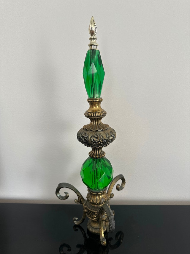 VTG Hollywood Regency brass and faceted green glass deco tower