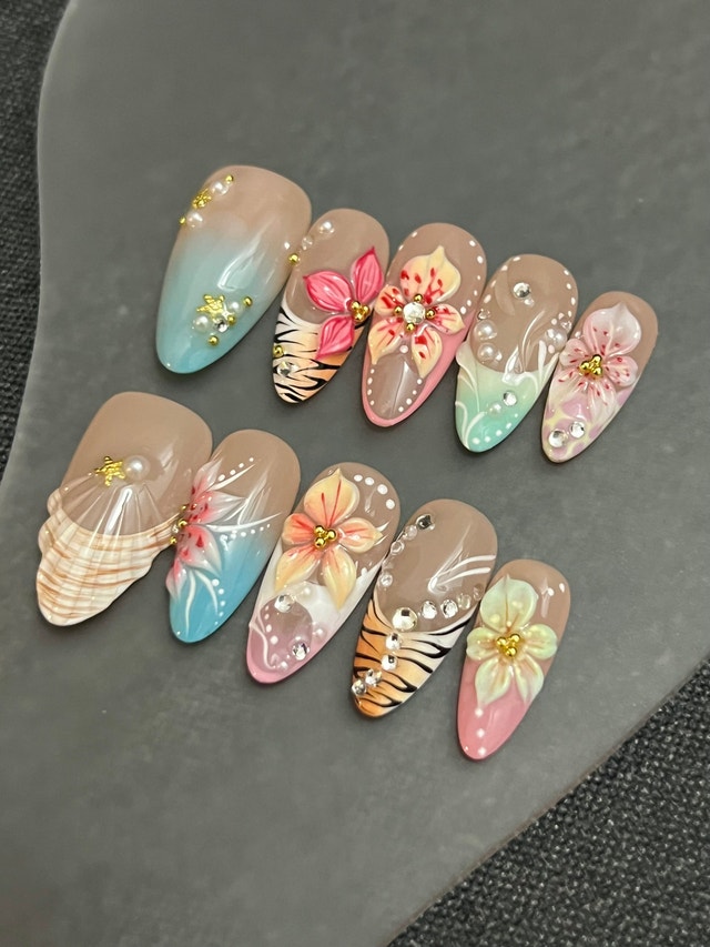 Handmade 3D Tropical Floral Press On Nails – Summer Vacation Set
