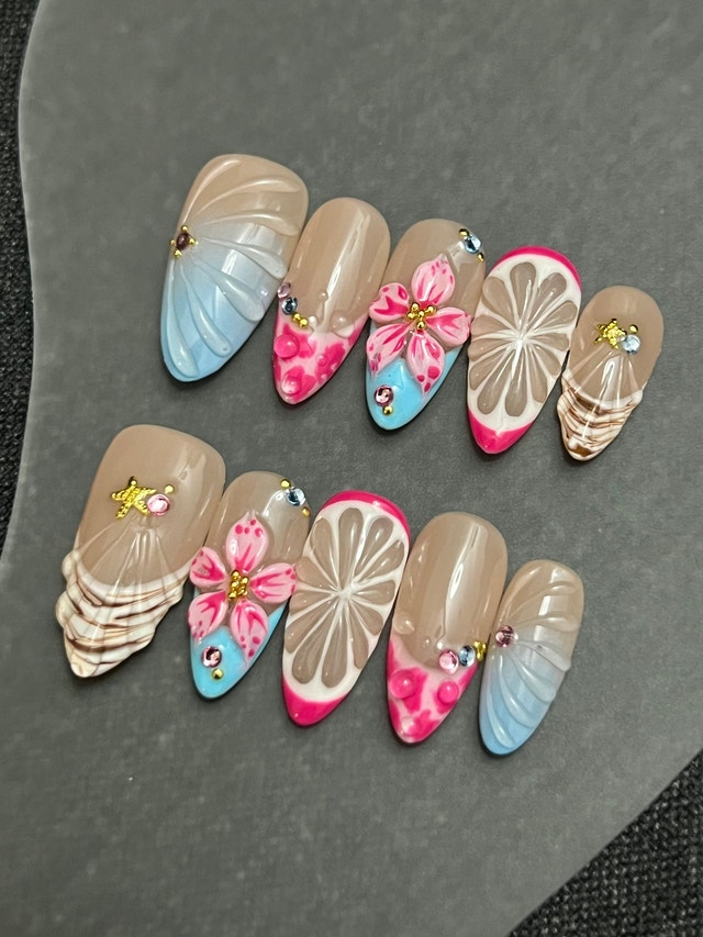 Handmade 3D Tropical Floral Press On Nails – Summer Vacation Set - photo 2
