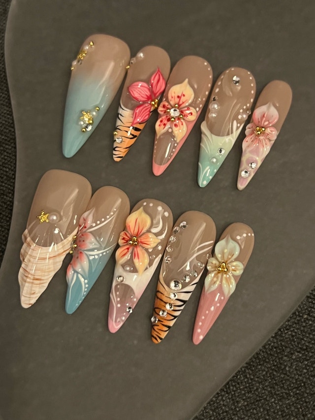 Handmade 3D Tropical Floral Press On Nails – Summer Vacation Set - photo 5