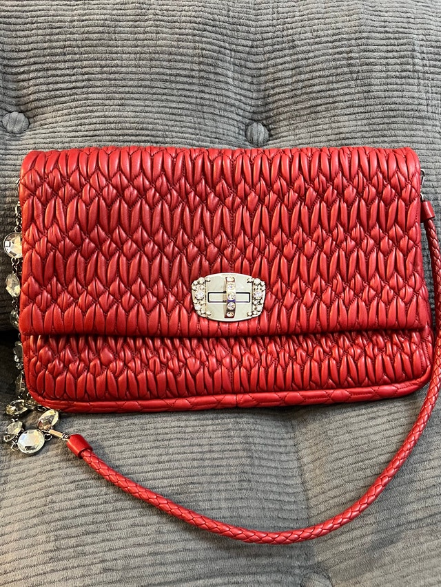 Authentic Miu Miu Red Matelassé Leather Crystal Shoulder Bag