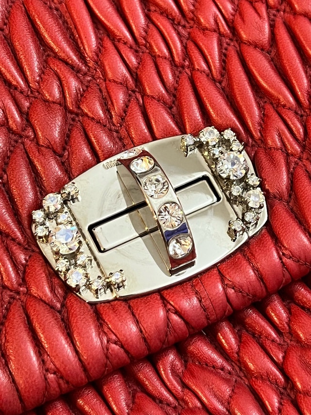 Authentic Miu Miu Red Matelassé Leather Crystal Shoulder Bag - photo 3