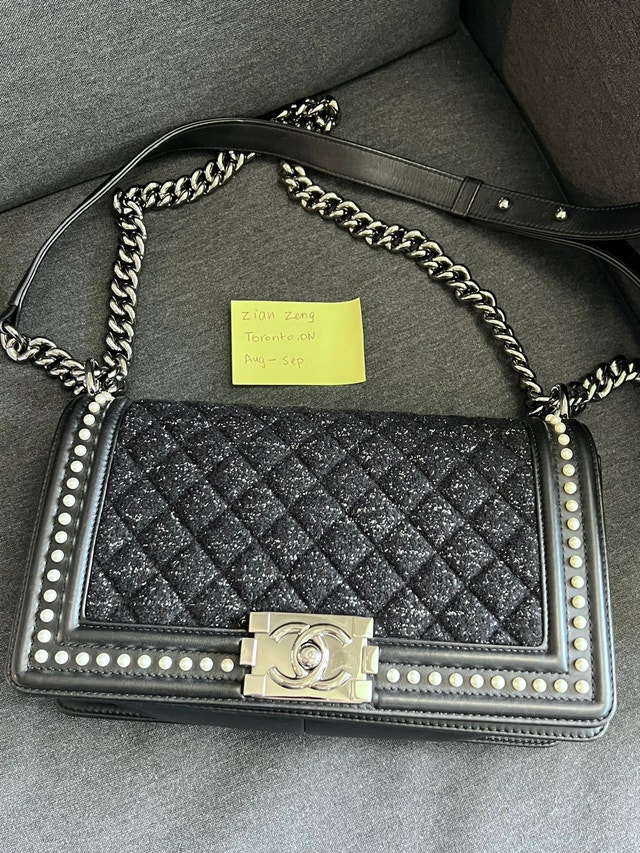 Authentic Chanel Boy Bag Black Pearl Chain Bag Limited Edit