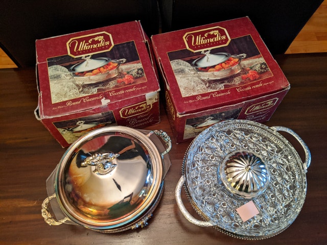 Silver Plated Round Casserole Set of 3 and One Divided Server