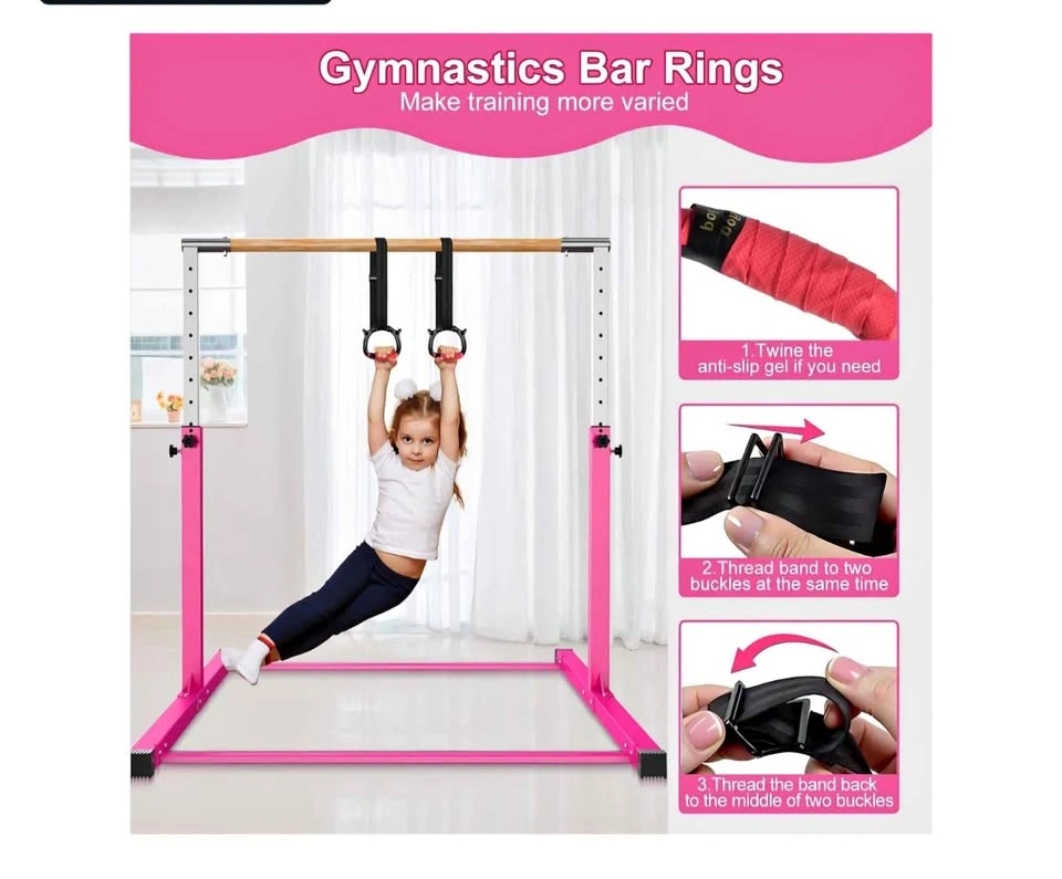 Pink Height Adjustable Gymnastics Bar with Rings and Pad