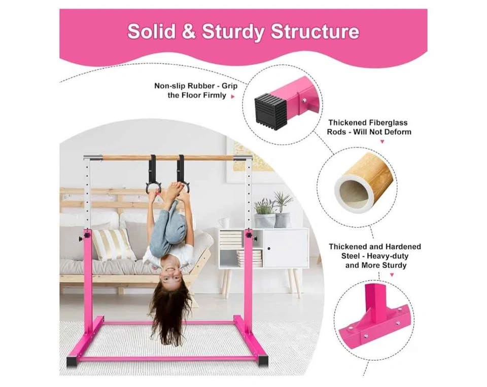Pink Height Adjustable Gymnastics Bar with Rings and Pad - photo 5