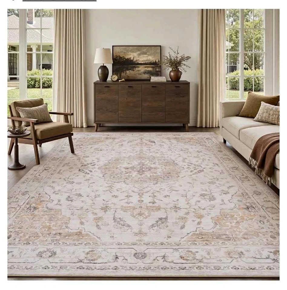 9x12 Beige Vintage Floral Indoor Low Pile Rug