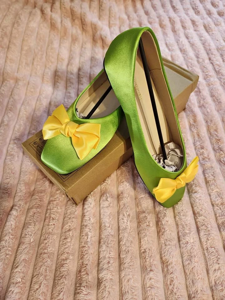Green Satin Square Toe Flats with Yellow Bow