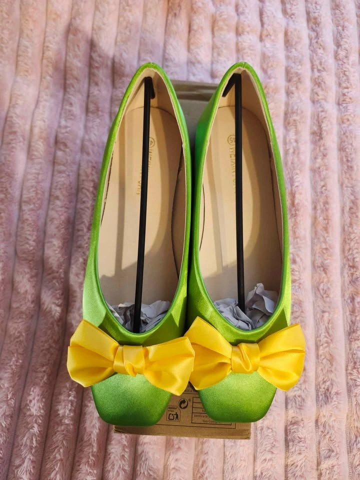 Green Satin Square Toe Flats with Yellow Bow - photo 2