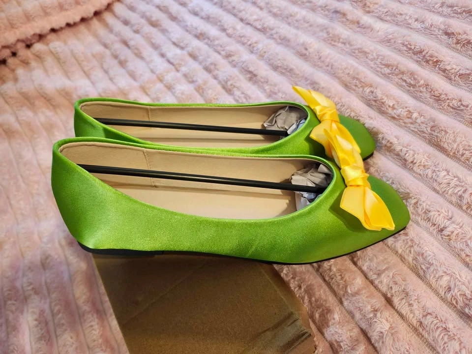 Green Satin Square Toe Flats with Yellow Bow - photo 4