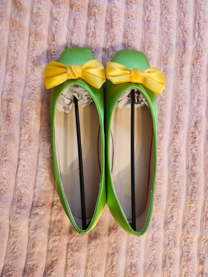 Green Satin Square Toe Flats with Yellow Bow - photo 5