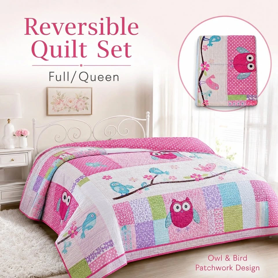 Full/Queen Reversible Quilt Set - Owl & Bird Patchwork Design
