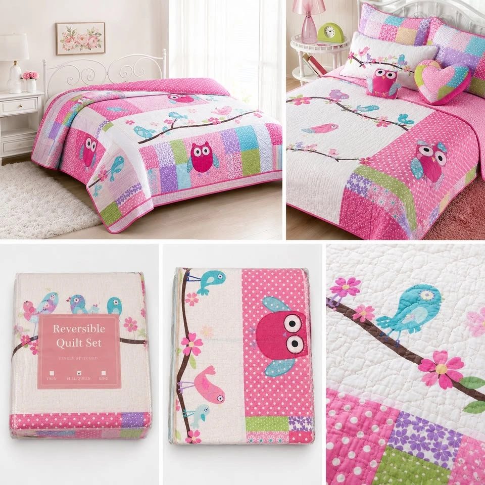 Full/Queen Reversible Quilt Set - Owl & Bird Patchwork Design - photo 2