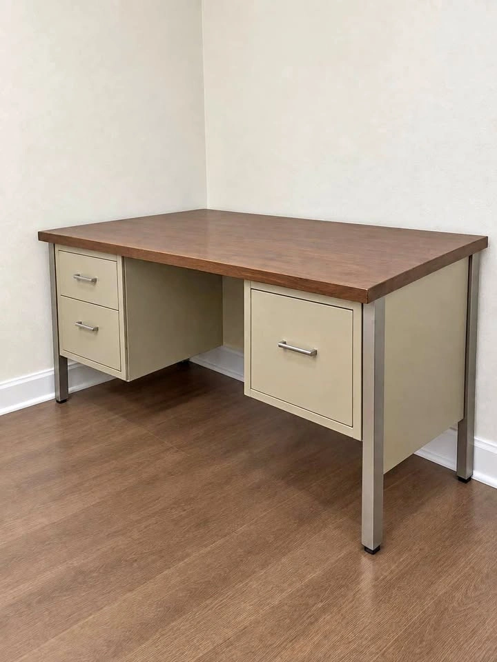 Wooden Office Desk with Drawers & File Cabinet, Vintage Style