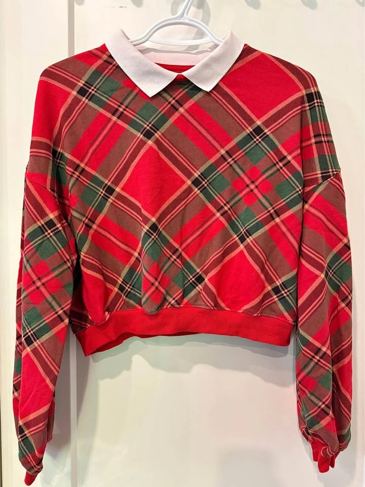 H&M Plaid Cropped Collared Sweatshirt Girls Size 12-14Y