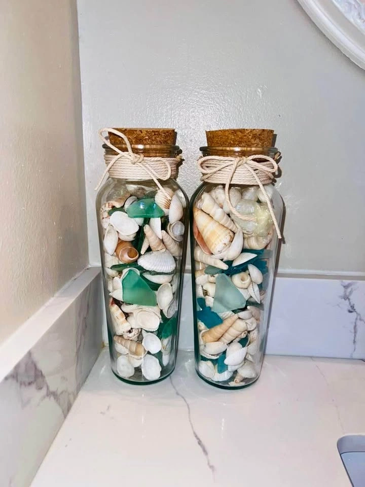 Decorative Glass Jars with Seashells and Sea Glass - Set of 2