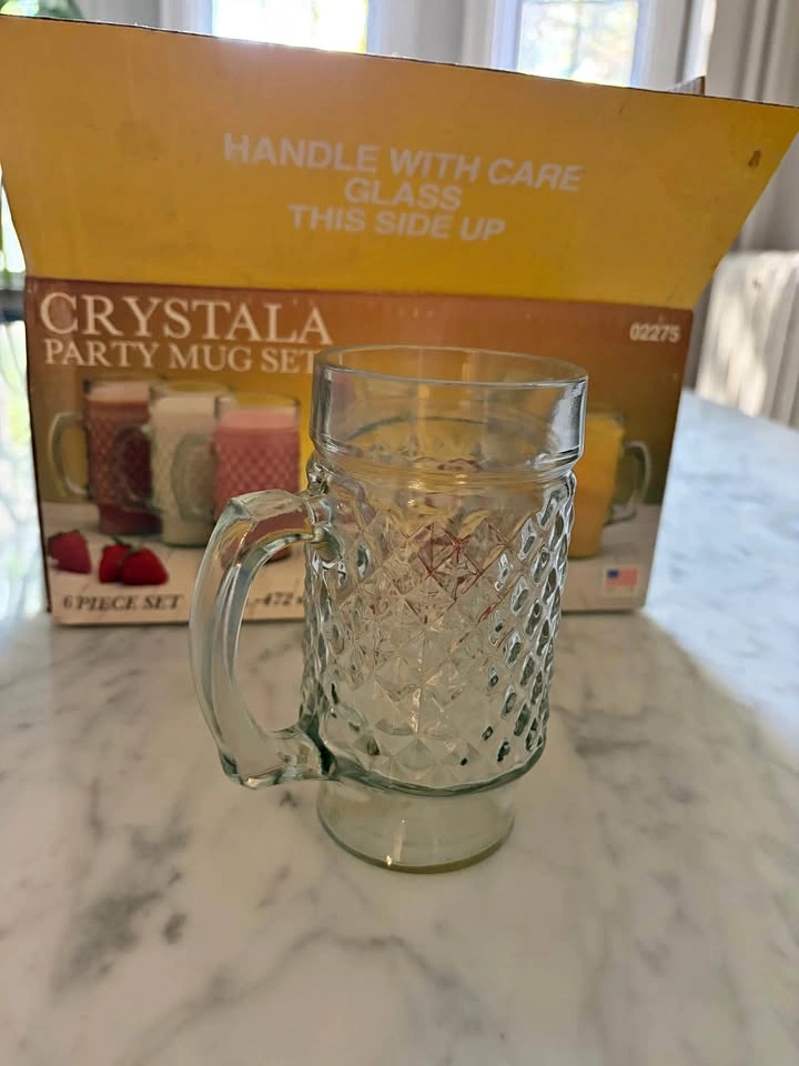 Vintage Crystala Party Mug Set 6 Piece 16 oz Glass Mugs