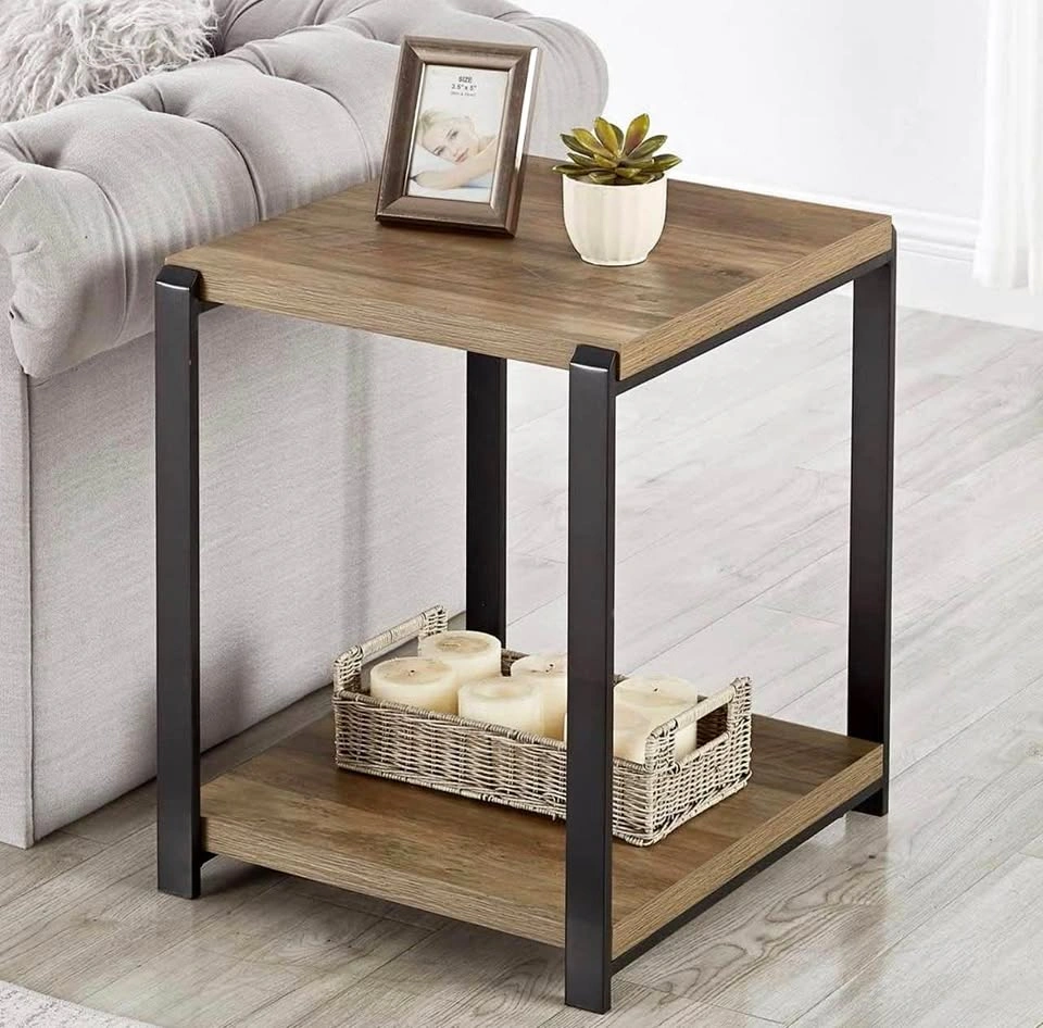 New Square Side Table with Storage Shelf, Wood and Metal