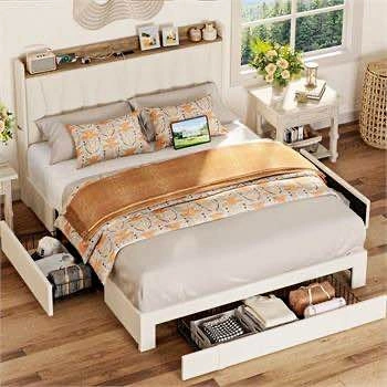New-ANCTOR QUEEN BED FRAME W/CHARGING STATION, BEIGE