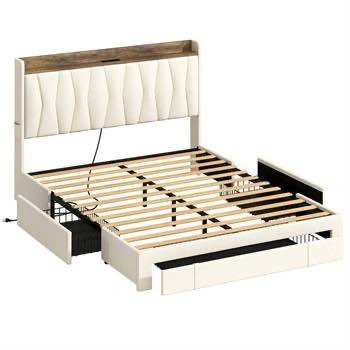 New-ANCTOR QUEEN BED FRAME W/CHARGING STATION, BEIGE - photo 2