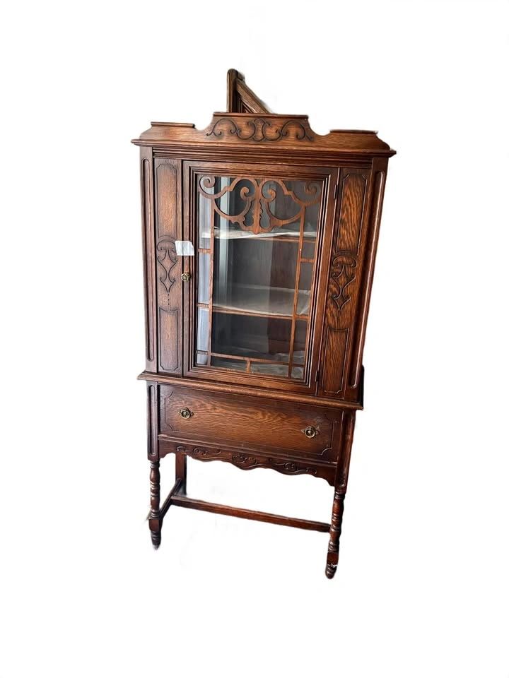 Vintage Antique Oak Glass Curio China Cabinet