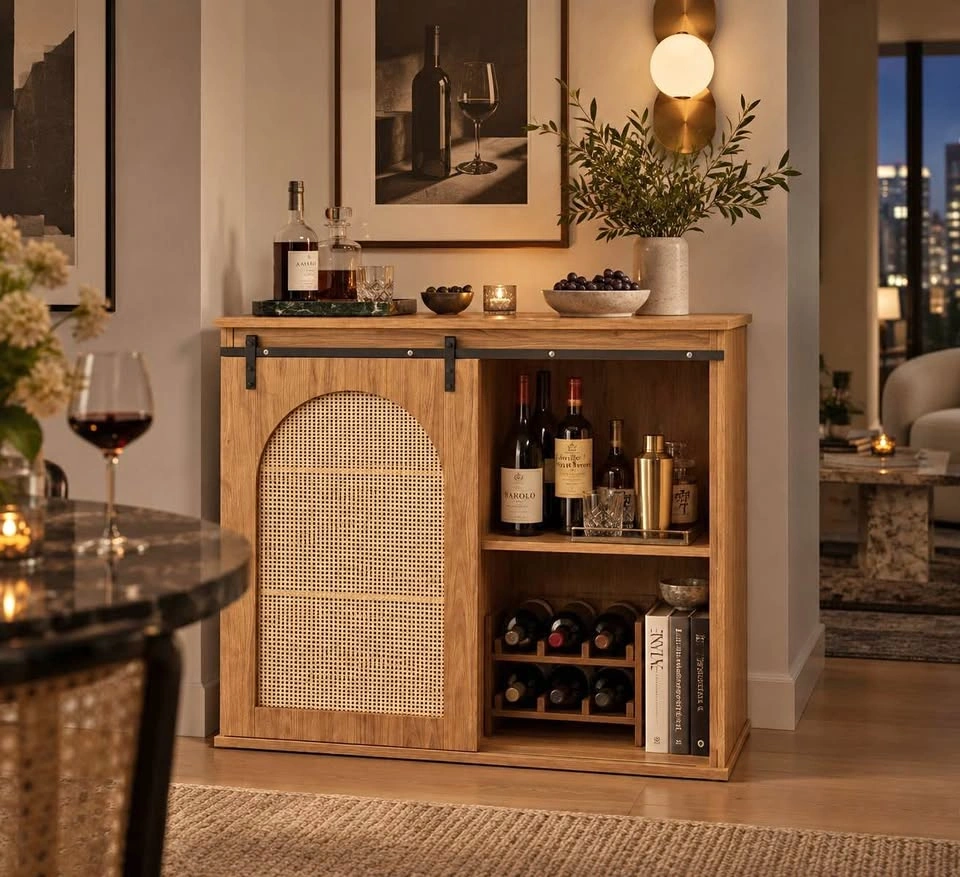 43” Rattan Sliding Door Storage Cabinet / Coffee Bar
