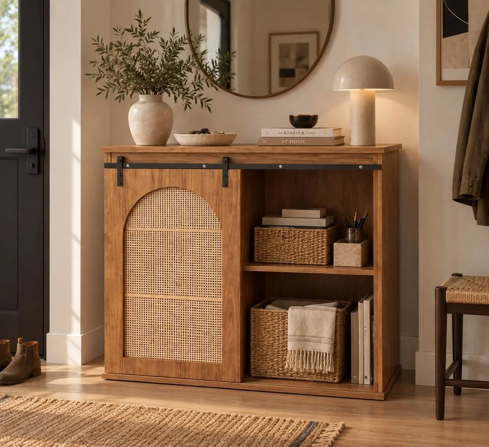 43” Rattan Sliding Door Storage Cabinet / Coffee Bar - photo 3
