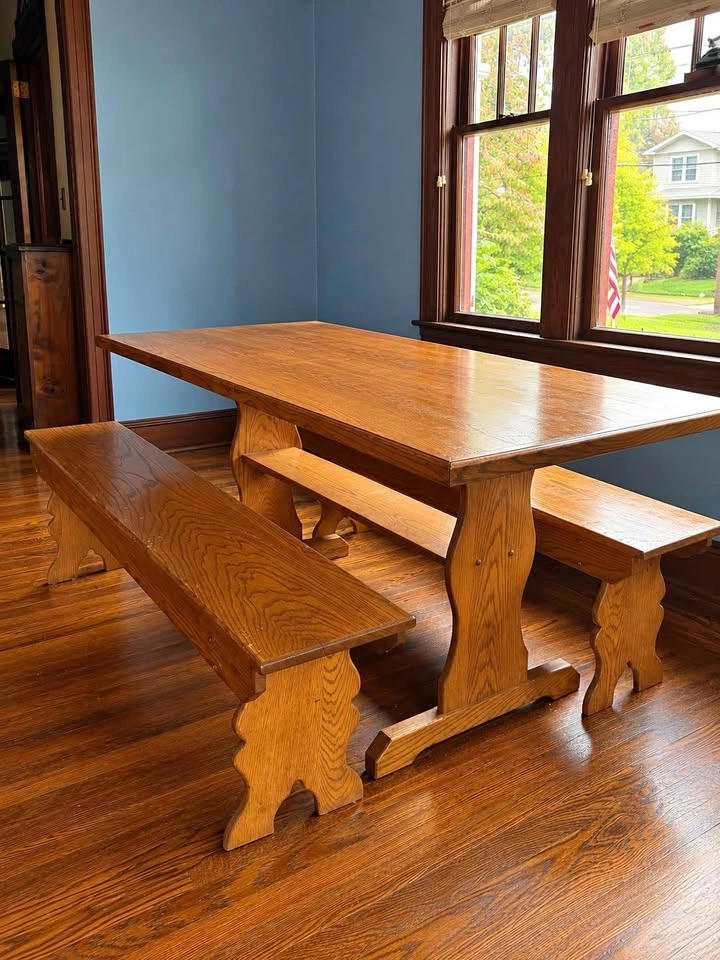 Solid Wood Trestle Dining Table with Two Benches