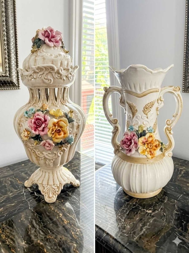 Vintage Capodimonte Style Ceramic Floral Vase and Lidded Urn Set