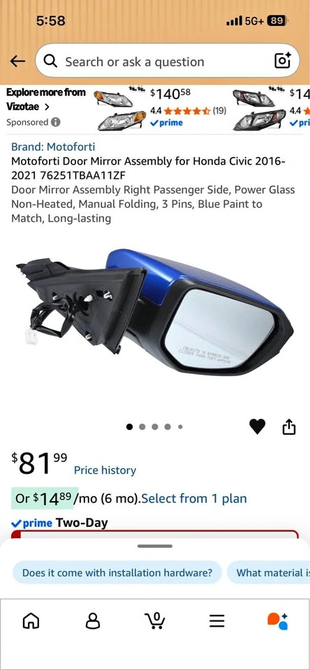 2016 - 2021 Honda Civic Passenger Side Mirror (New)